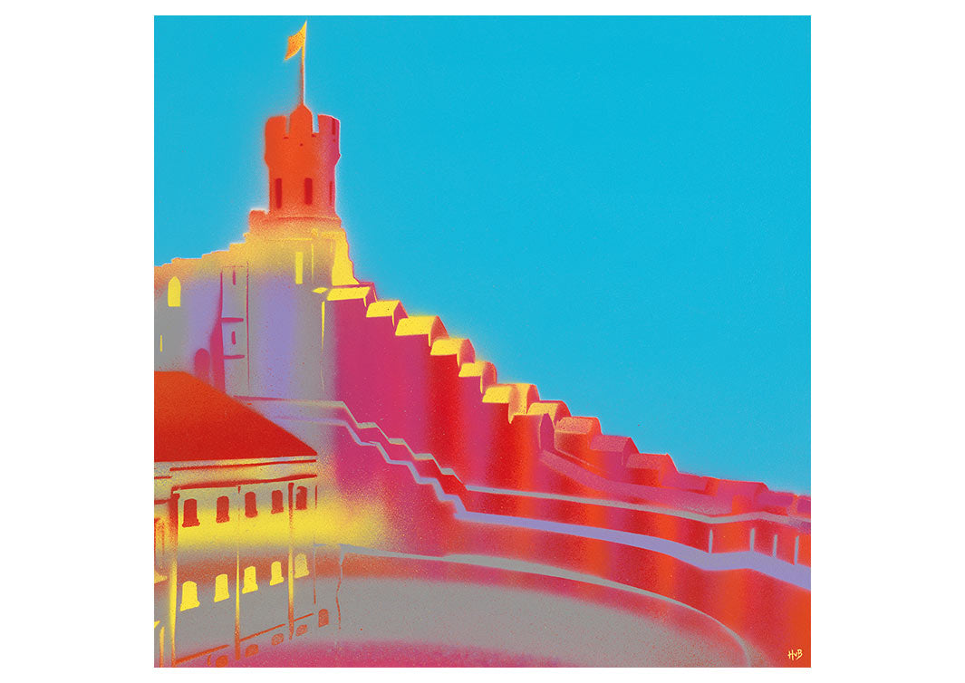 Colourful greetings card of Lincoln Castle on blue background by artist Hannah van Bergen