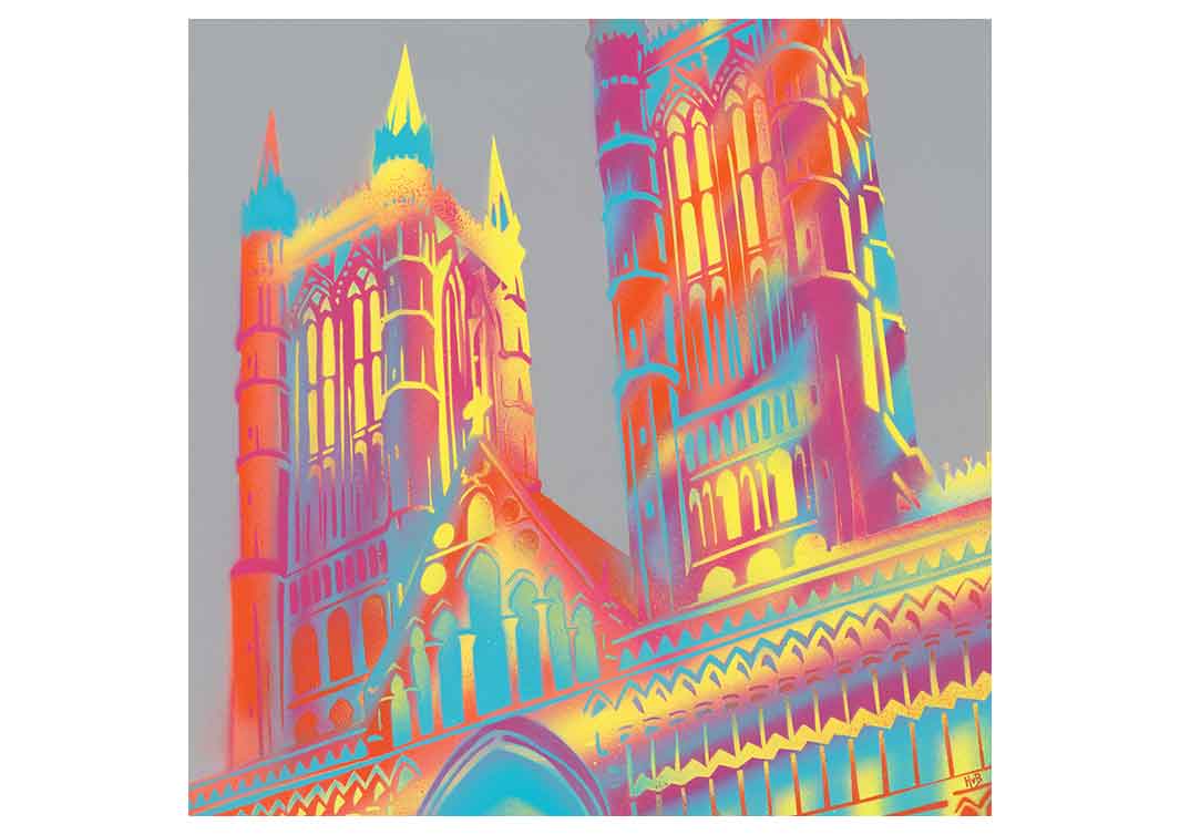 Multicolour greetings card of Lincoln Cathedral by artist Hannah van Bergen