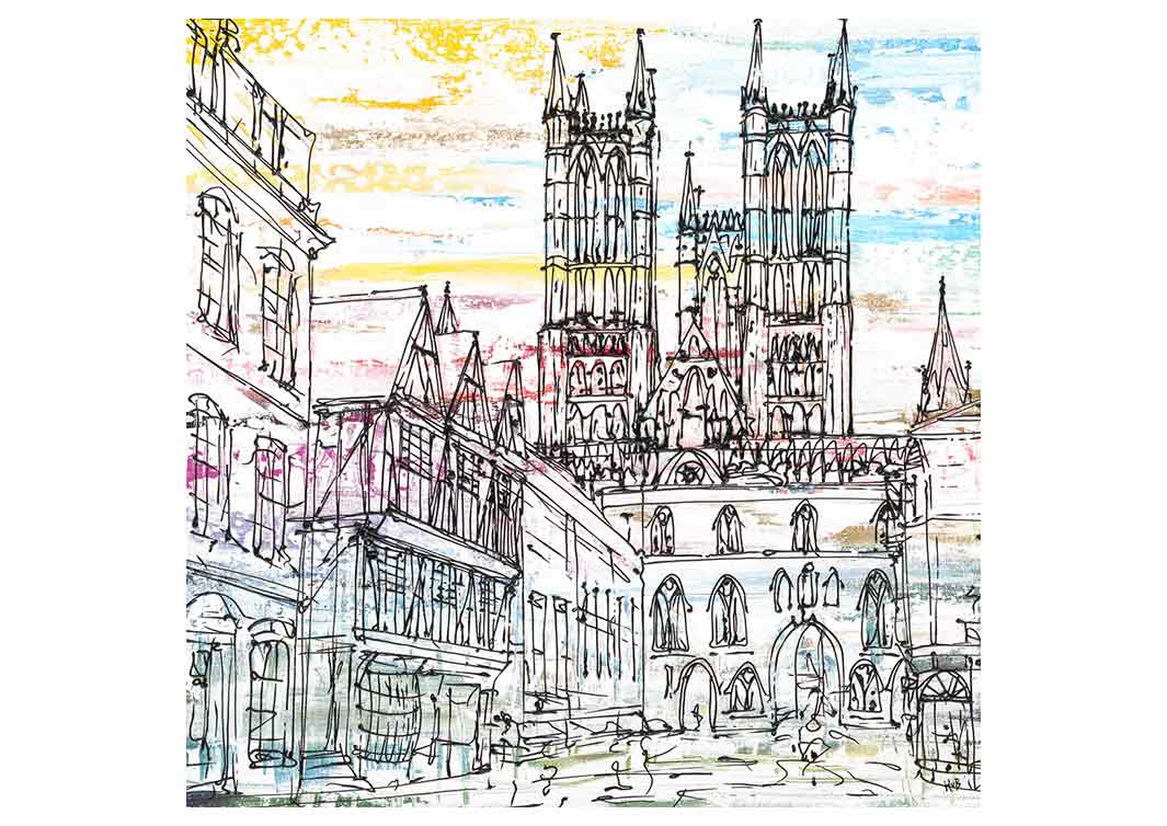 Greetings card of Lincoln Cathedral in Castle Hill by artist Hannah van Bergen