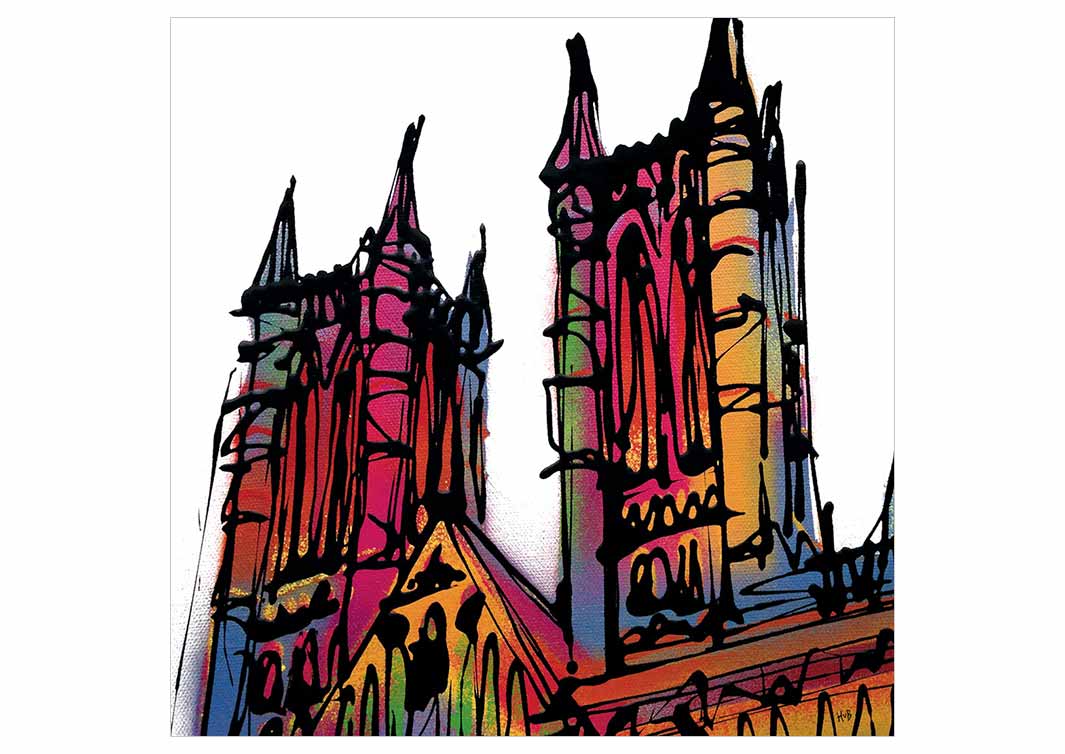 Colourful greetings card of Lincoln Cathedral by artist Hannah van Bergen