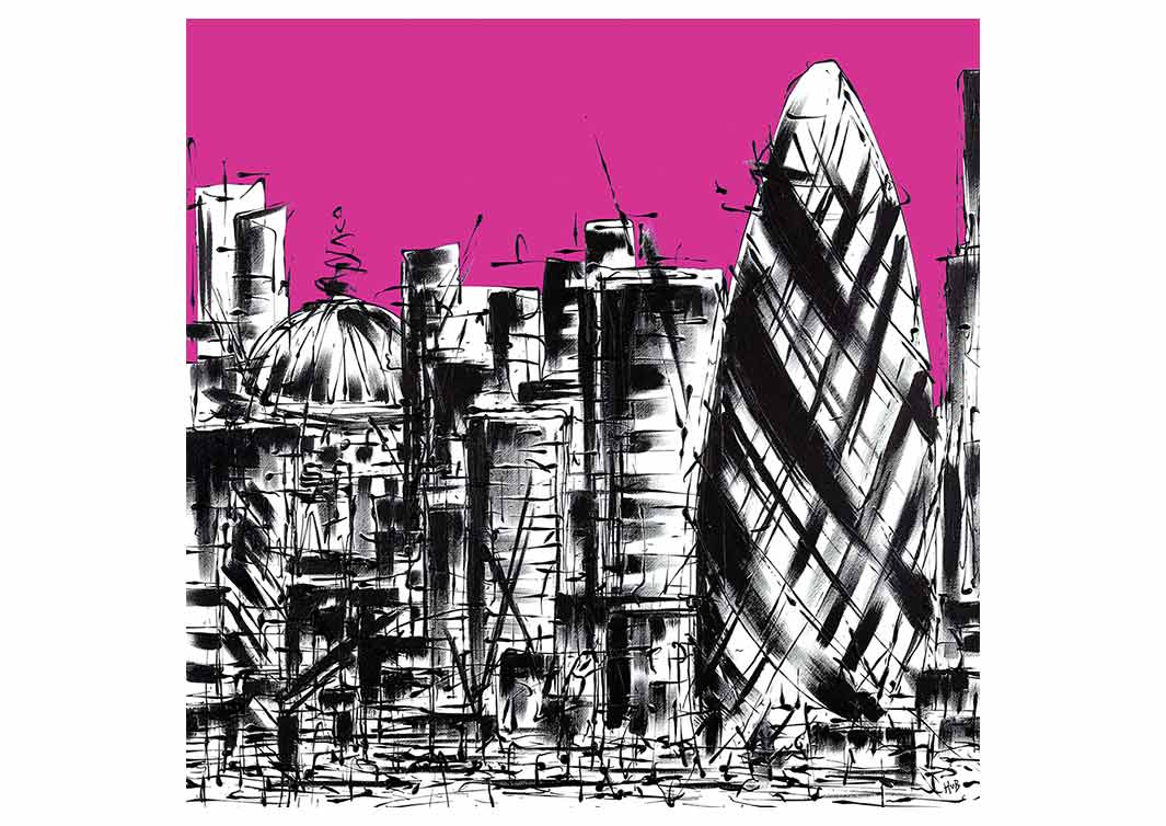 Greetings card of the City of London on pink background by artist Hannah van Bergen