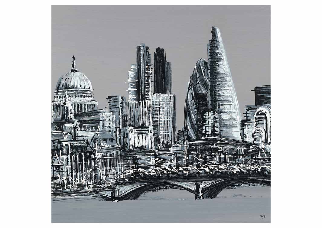 Black and white greetings card showing St Paul's Cathedral and the Gherkin in London by artist Hannah van Bergen
