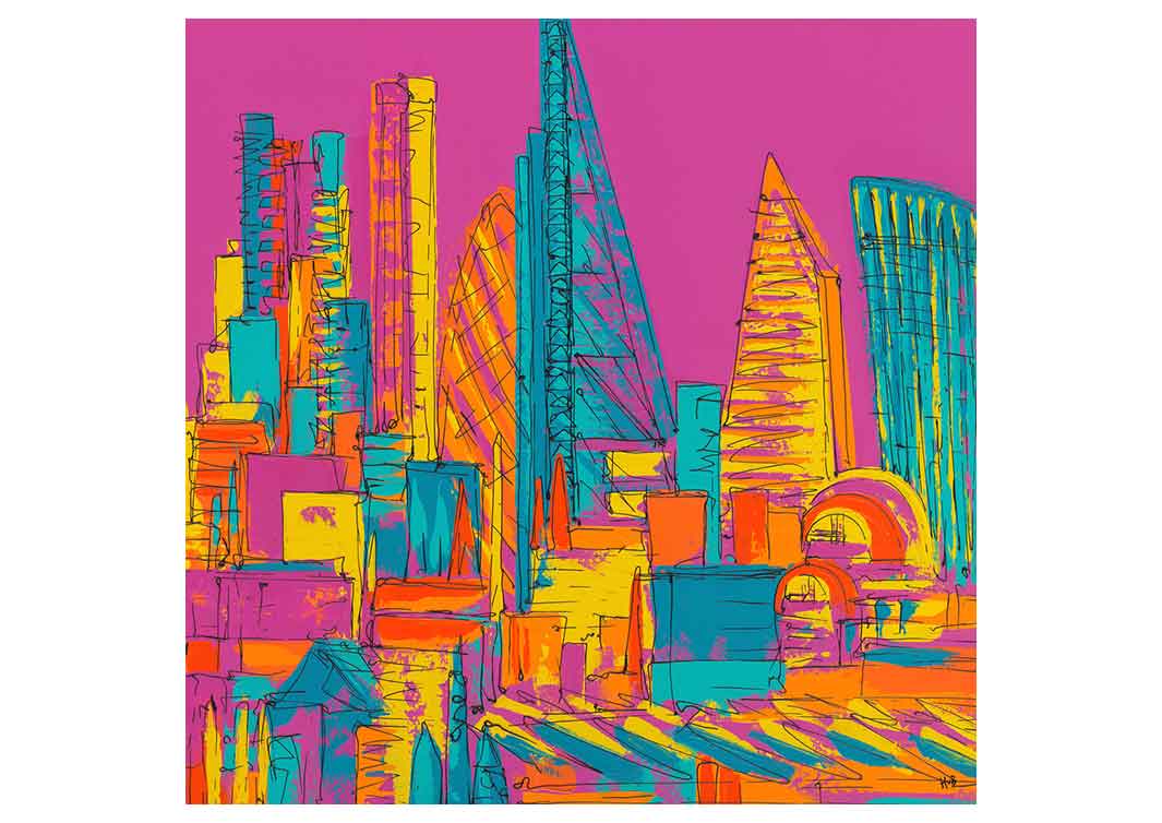 Bright and colourful greetings card of London on pink background by artist Hannah van Bergen