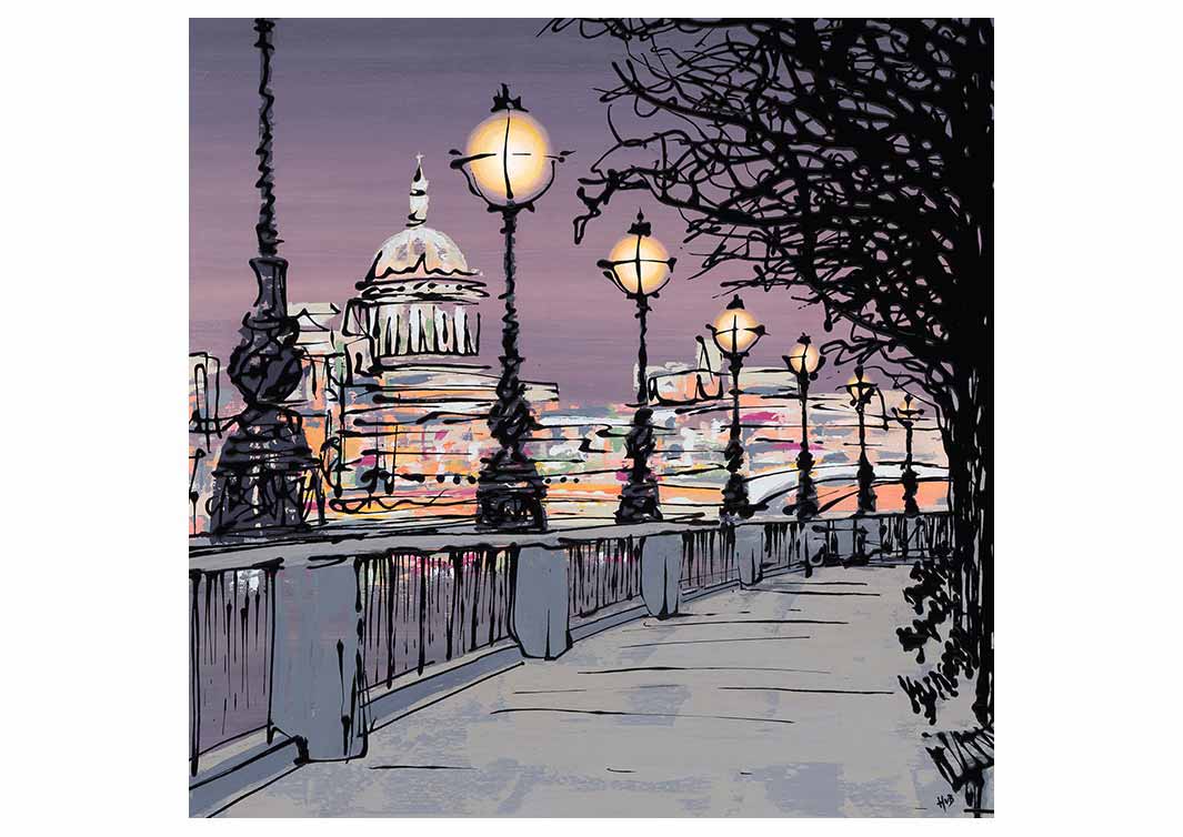 Purple greetings card showing St Paul's Cathedral from Southbank in London with street lamps by artist Hannah van Bergen