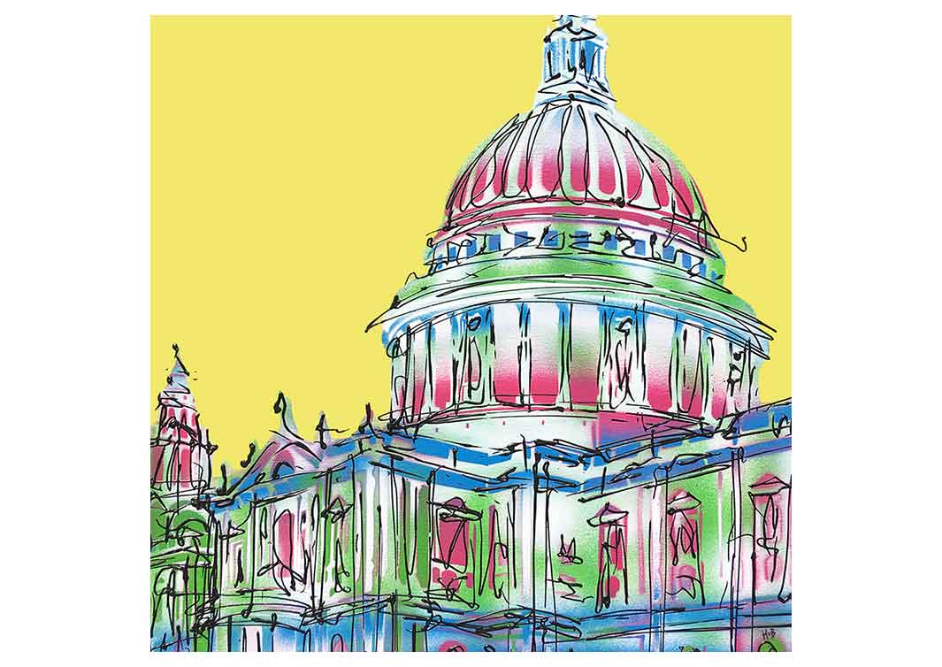 Yellow greetings card featuring the dome of St Paul's Cathedral by artist Hannah van Bergen