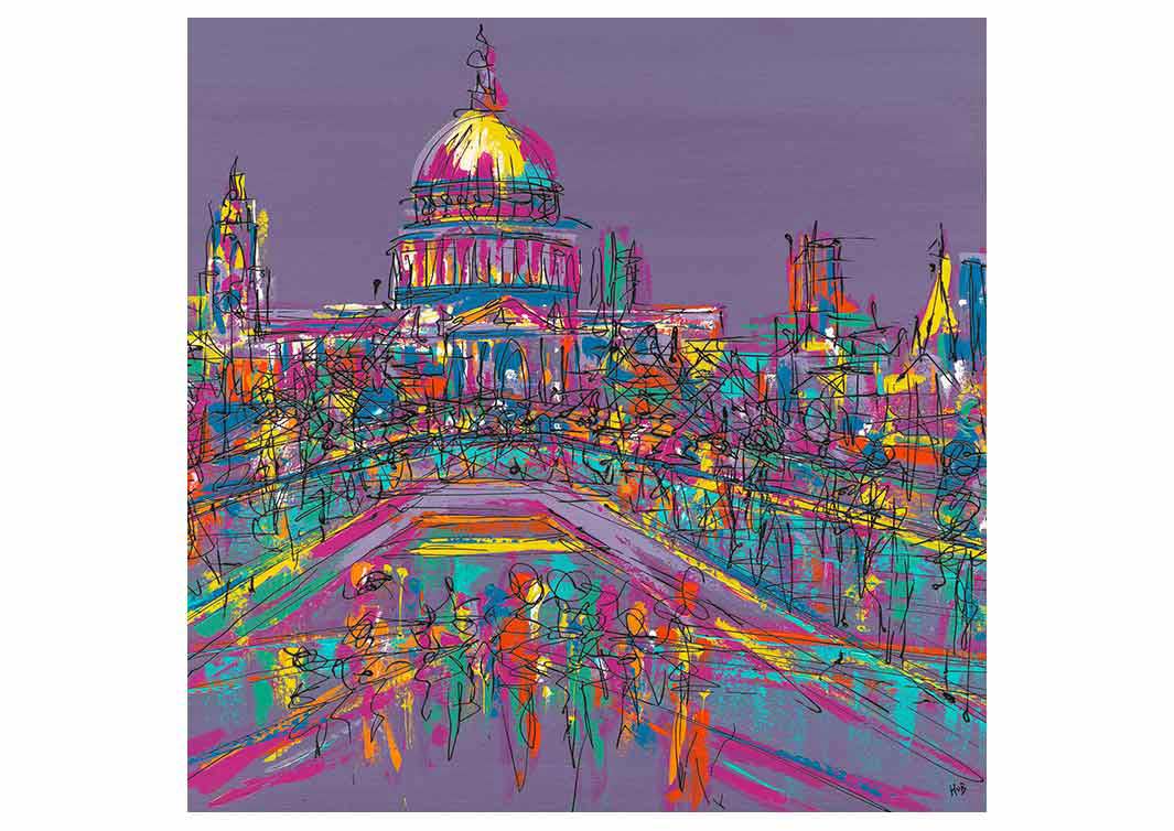 Purple greetings card of St Paul's Cathedral from Millennium Bridge by artist Hannah van Bergen