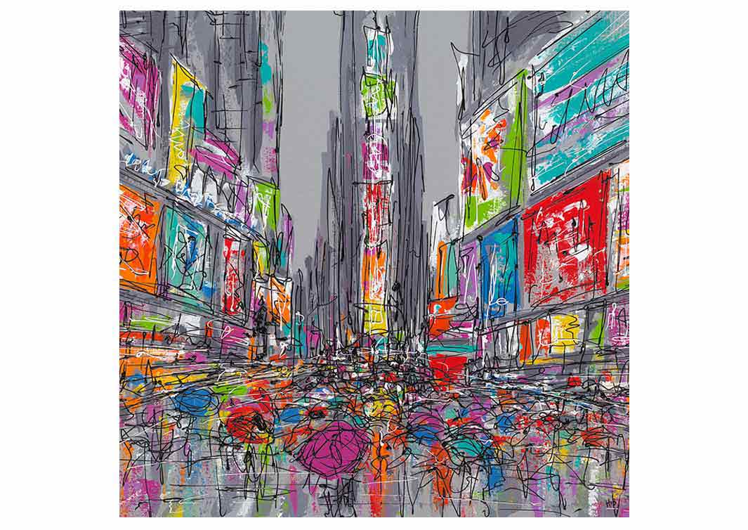 Colourful greetings card showing a rainy day in Times Square, New York, by artist Hannah van Bergen