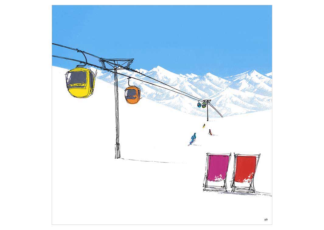 Greetings card featuring deckchairs in the snow, skiers and bubble lift with mountain backdrop by artist Hannah van Bergen