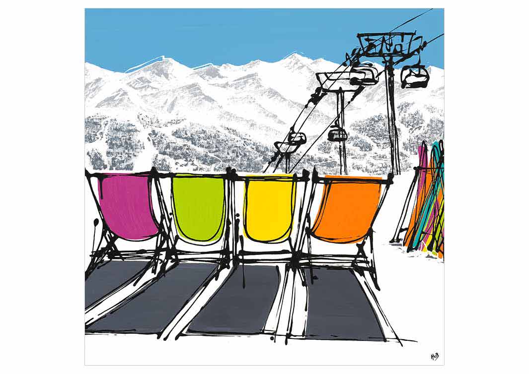 Greetings card featuring 4 deckchairs in the snow with skis, mountains and chair lift by artist Hannah van Bergen