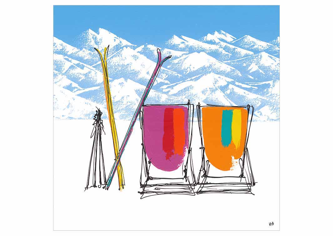 Greetings card featuring 2 deckchairs, skis and poles in the snow with mountain backdrop by artist Hannah van Bergen
