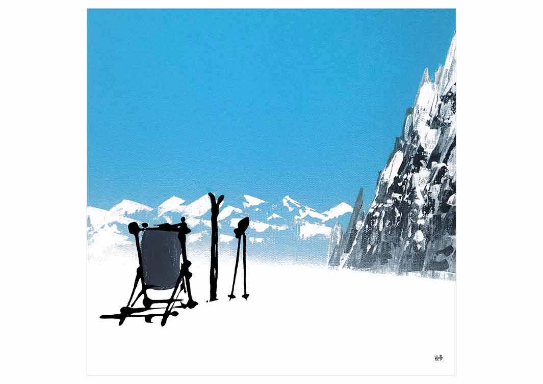 Greetings card featuring a deckchair, skis and poles in the snow with mountain backdrop by artist Hannah van Bergen