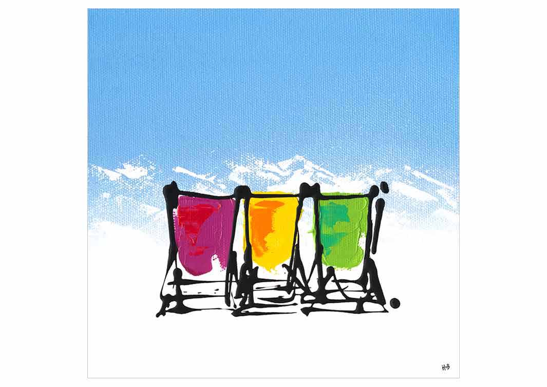 Greetings card featuring 3 deckchairs in the snow with mountain backdrop by artist Hannah van Bergen