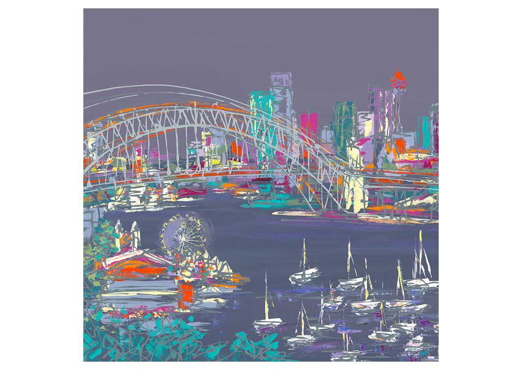 Purple greetings card showing Sydney Harbour Bridge by artist Hannah van Bergen