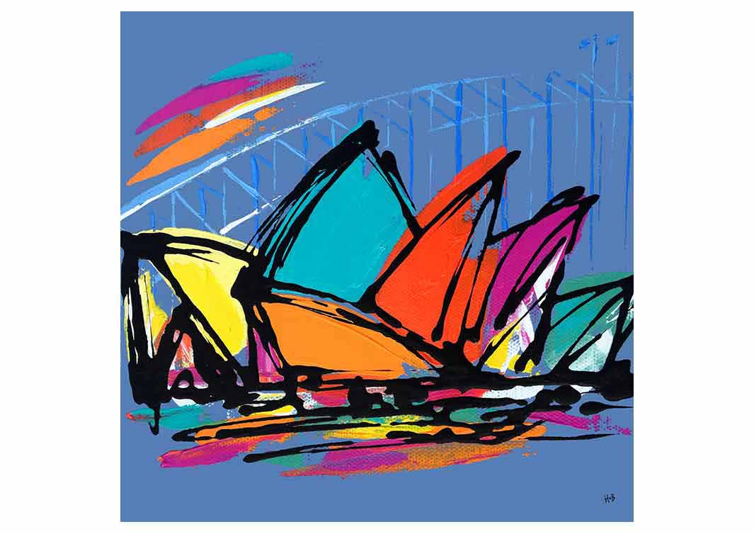 Greetings card of Sydney Opera House with Harbour Bridge in the background by artist Hannah van Bergen
