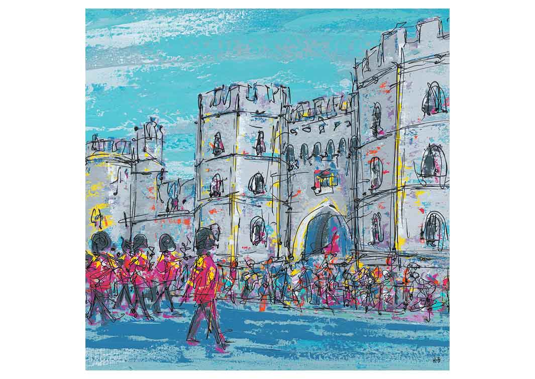 Greetings card showing the Changing of the Guard outside Windsor Castle by artist Hannah van Bergen