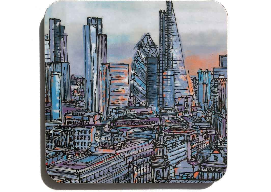 Art coaster of The City of London rooftops and skyscrapers by artist Hannah van Bergen
