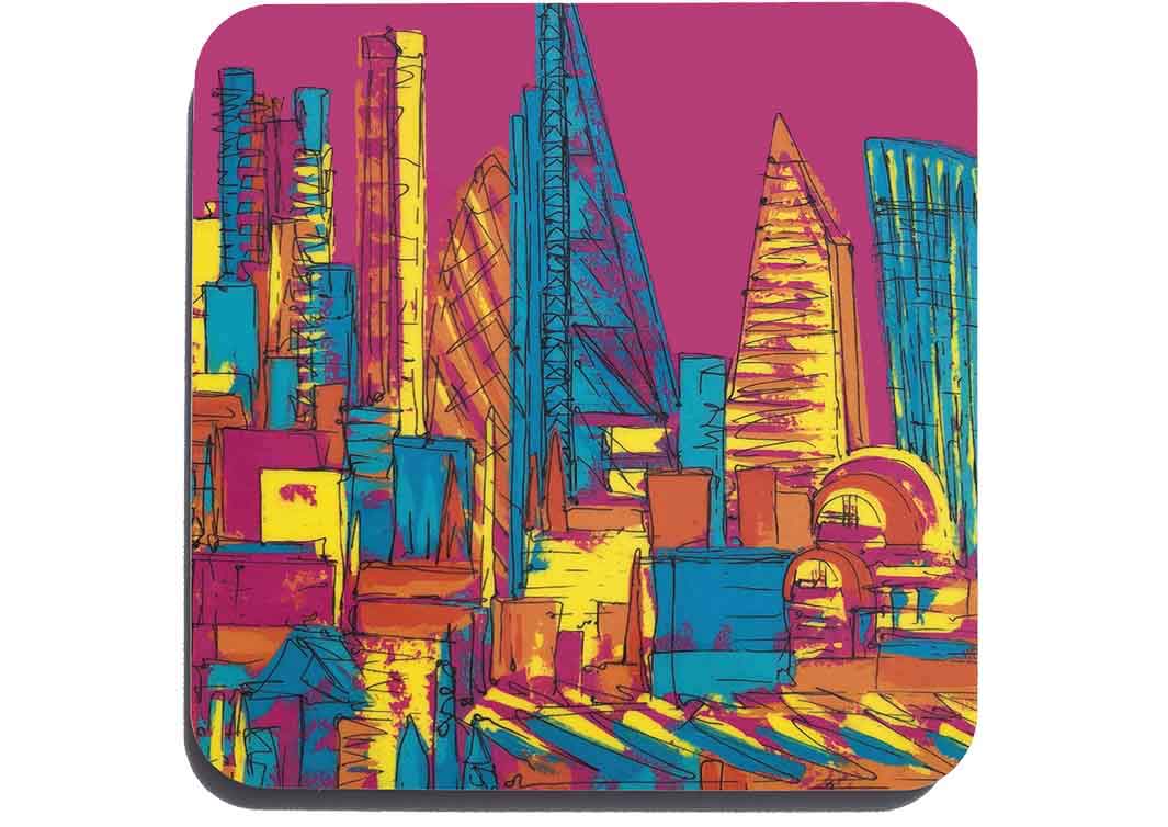 Colourful art coaster of London landmarks with bright pink background by artist Hannah van Bergen