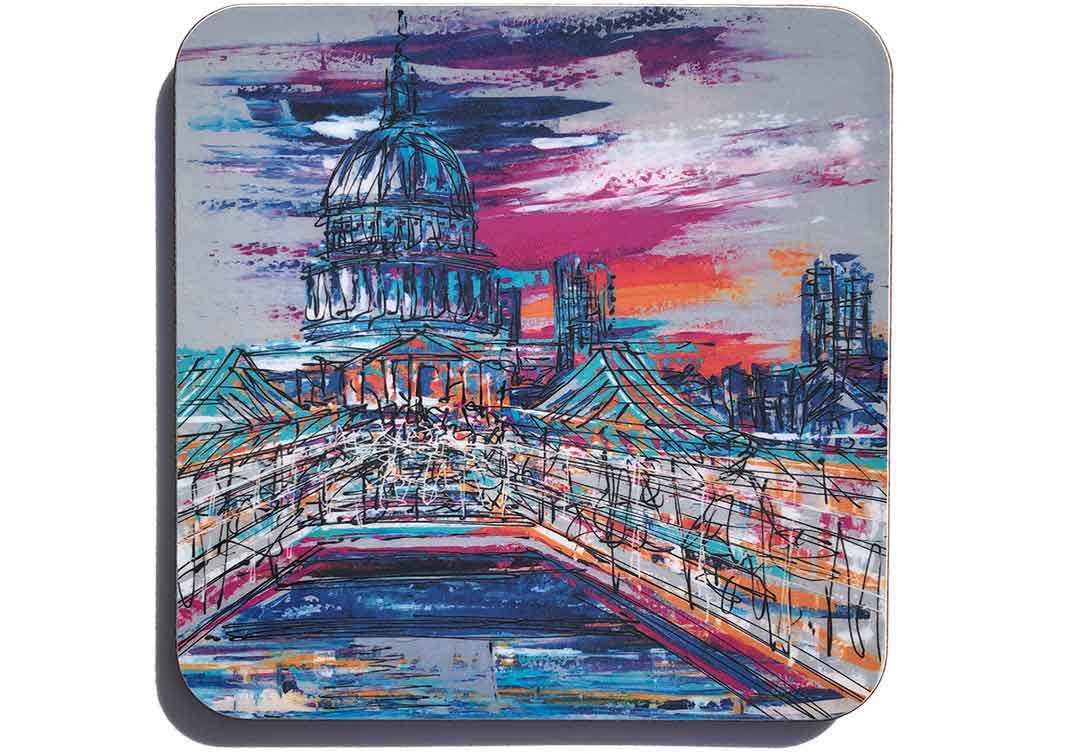 Art coaster looking across Millennium Bridge in London to St Paul's Cathedral by artist Hannah van Bergen