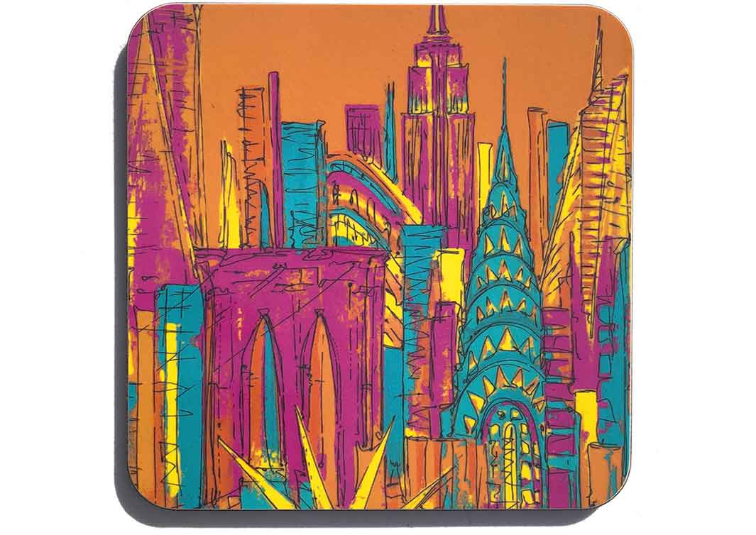 Colourful coaster artwork of New York iconic buildings and skyscrapers, by artist Hannah van Bergen