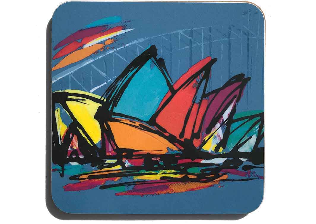 Colourful art coaster of Sydney Opera House by artist Hannah van Bergen
