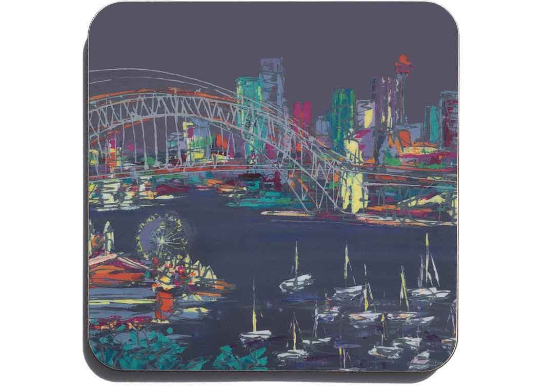 Purple art coaster of Sydney Harbour Bridge and skyline by artist Hannah van Bergen