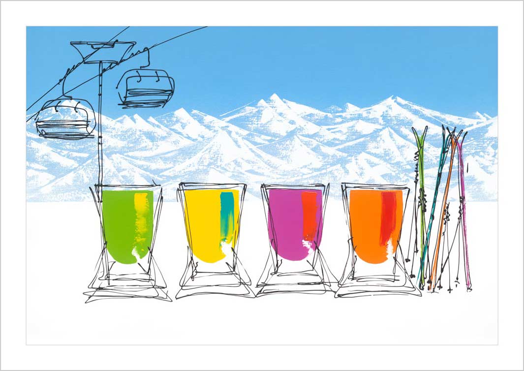 Art print of 4 deckchairs in the snow with skis, chair lift and mountains by artist Hannah van Bergen