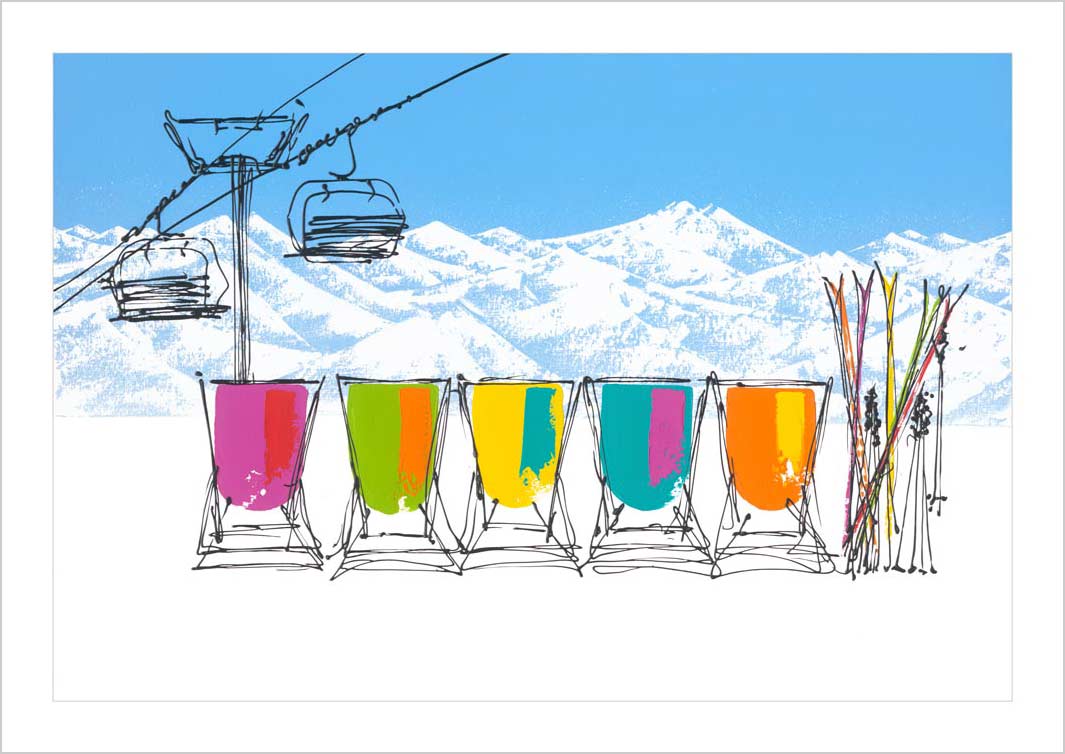 Art print of 5 deckchairs in the snow with skis, chair lift and mountains by artist Hannah van Bergen