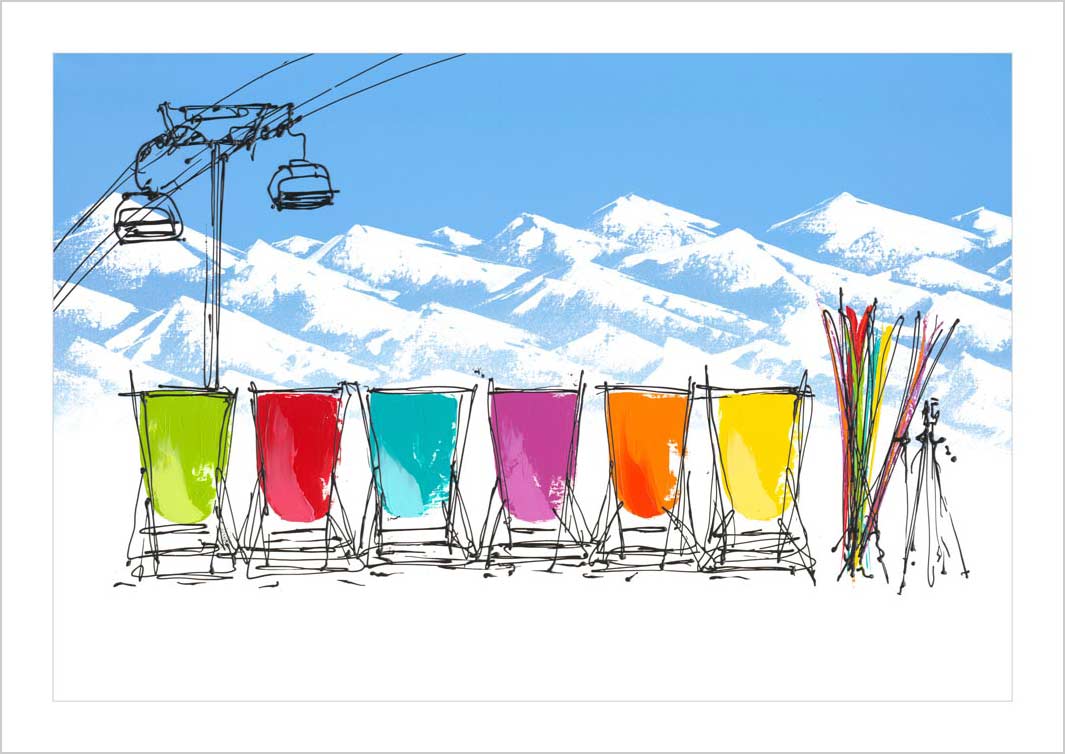 Art print of 6 deckchairs in the snow with skis, chair lift and mountains by artist Hannah van Bergen