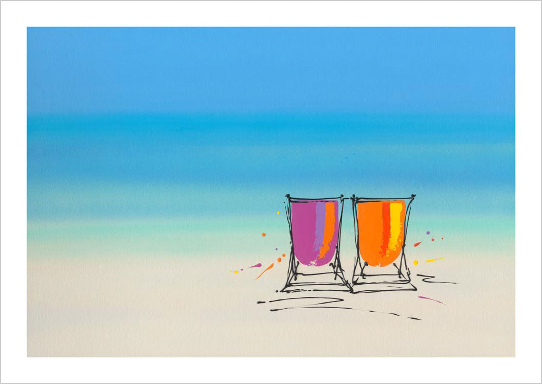 Colourful art print of 2 deckchairs on the beach by artist Hannah van Bergen