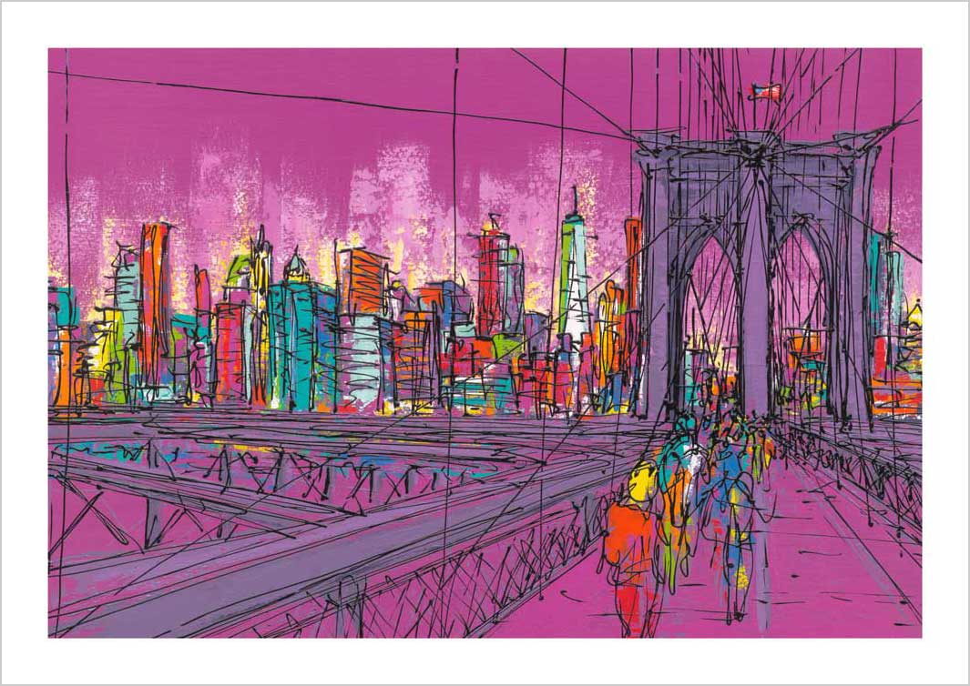 Pink New York art print of Brooklyn Bridge and Lower Manhattan by artist Hannah van Bergen