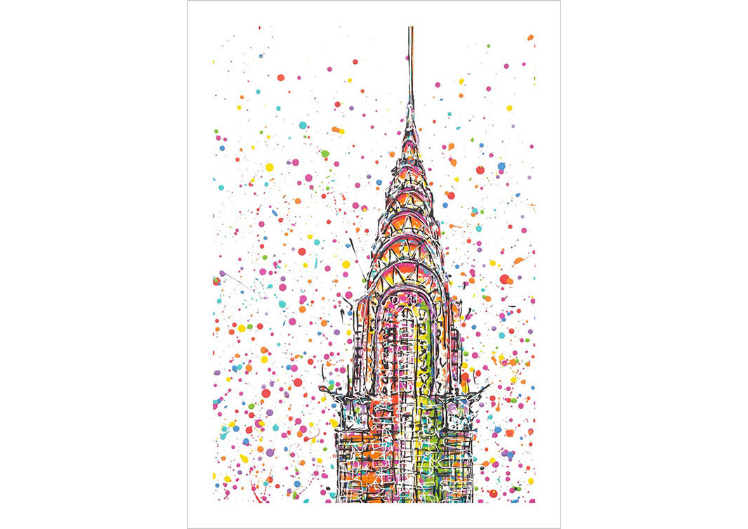 Colourful art print of the Chrysler Building in New York by artist Hannah van Bergen