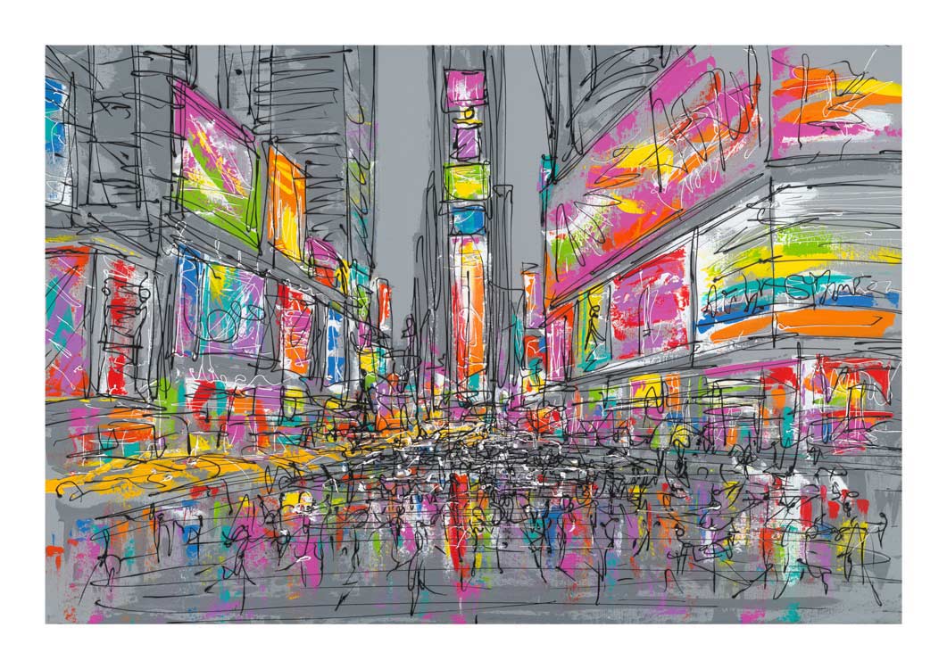 Colourful New York art print of the bustle of Times Square by artist Hannah van Bergen