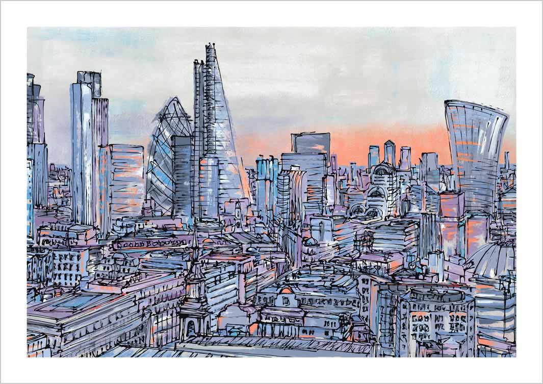 Art print of buildings in The City of London by artist Hannah van Bergen