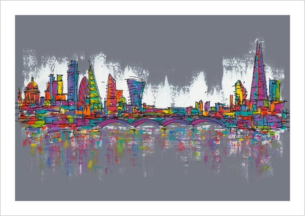 Colourful London art print with landmarks including St Paul's, the Gherkin and the Shard by artist Hannah van Bergen