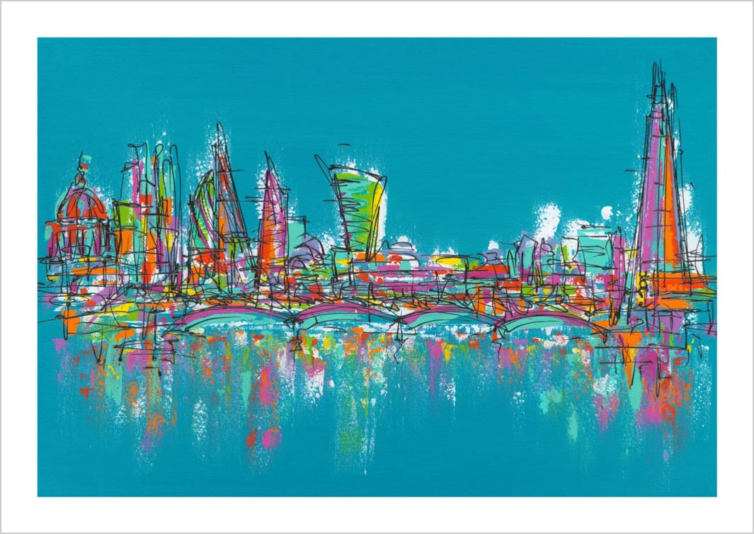 London skyline art print with teal background by artist Hannah van Bergen