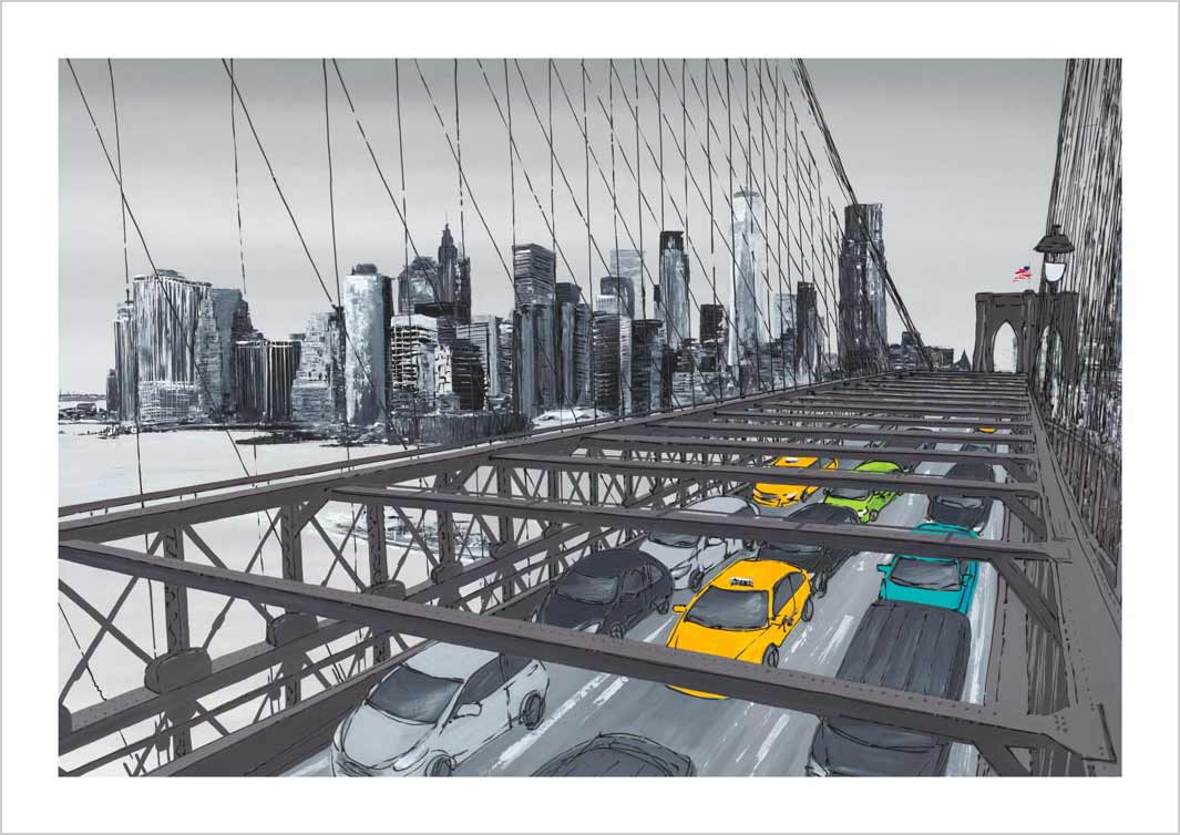 New York art print of Brooklyn Bridge and the Lower Manhattan skyline by artist Hannah van Bergen