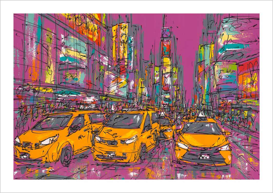 Pink New York art print featuring yellow taxis in Times Square by artist Hannah van Bergen