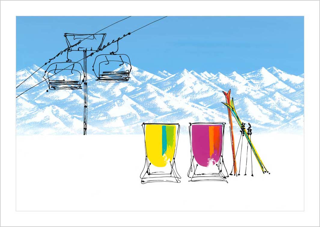 Art print of 2 deckchairs in the snow with skis, chair lift and mountains by artist Hannah van Bergen