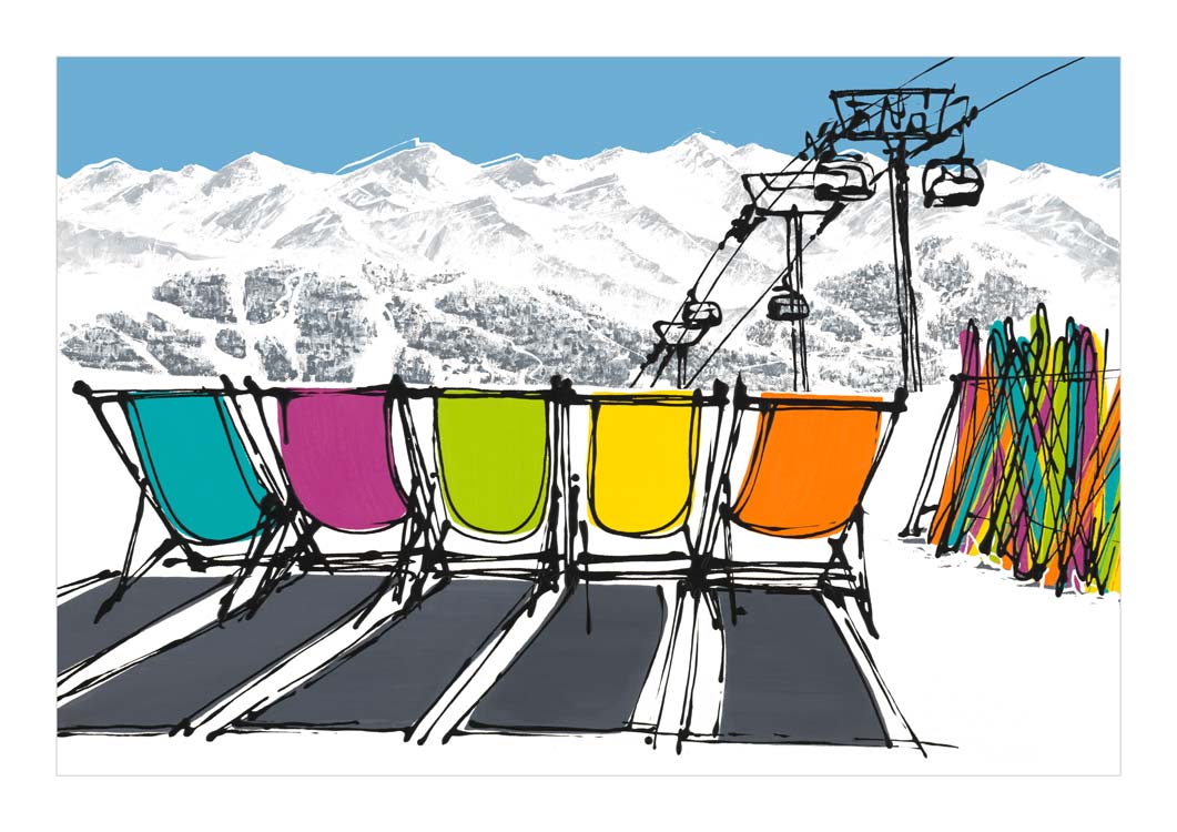 Art print of 5 deckchairs in snow with mountains, ski lift and skis by artist Hannah van Bergen