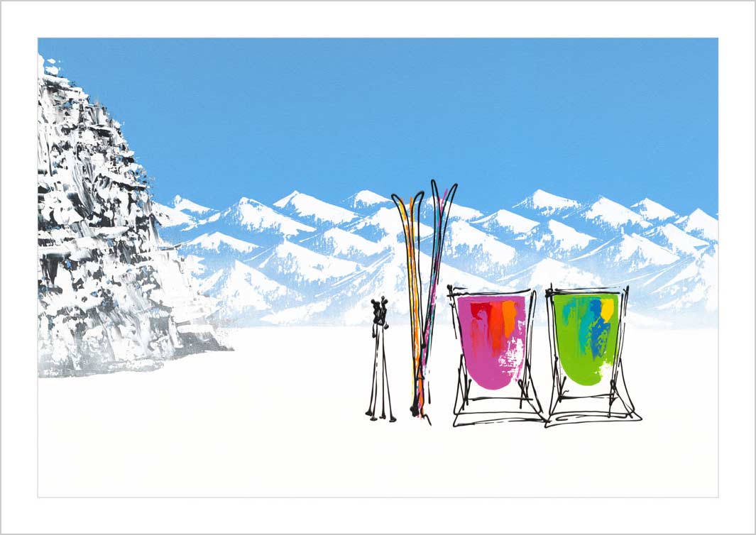 Art print of 2 deckchairs in the snow with skis and mountains by artist Hannah van Bergen