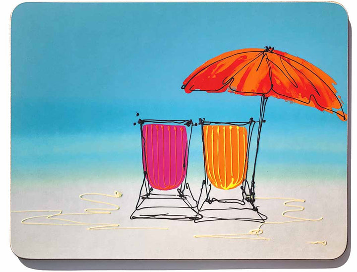 Colourful melamine chopping board with artwork of 2 deckchairs and parasol on the beach by artist Hannah van Bergen