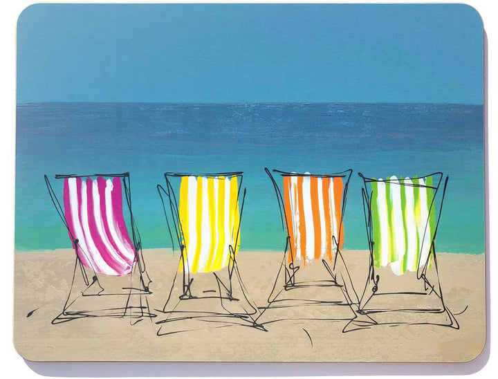 Colourful melamine chopping board with artwork of 4 stripy deckchairs on a beach by artist Hannah van Bergen