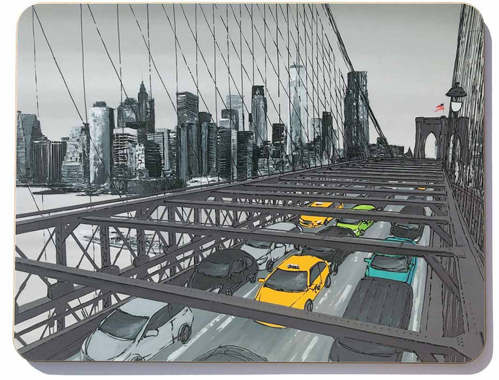 Rectangular melamine chopping board with New York artwork of Brooklyn Bridge and the Lower Manhattan skyline by artist Hannah van Bergen
