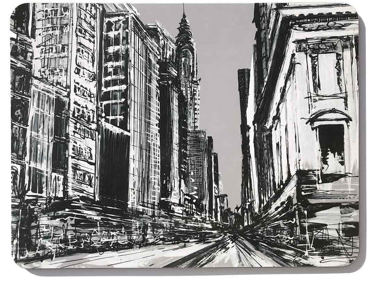 Rectangular melamine chopping board with black and white New York street scene featuring the Chrysler Building by artist Hannah van Bergen