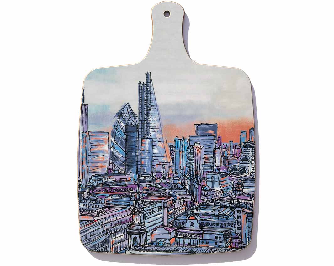 Chopping board with handle featuring artwork of The City of London rooftops and skyscrapers by artist Hannah van Bergen