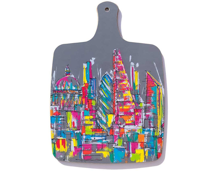 Chopping board with handle featuring colourful London landmarks on grey background by artist Hannah van Bergen