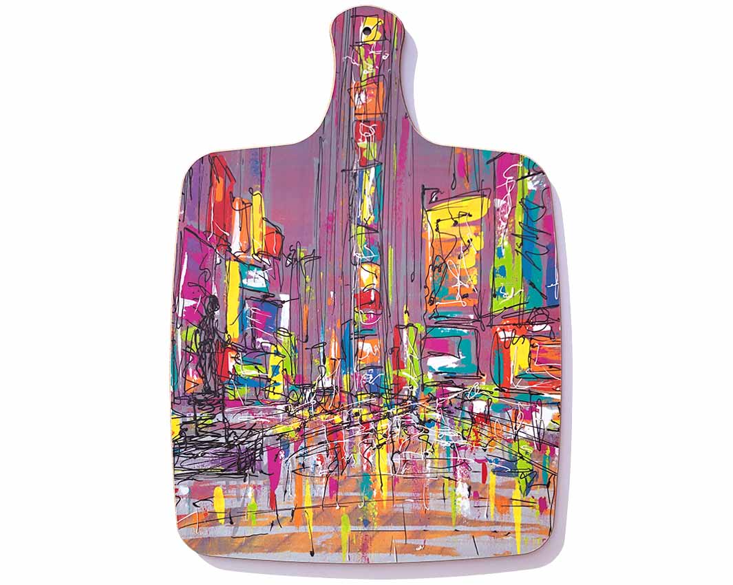 Colourful chopping board with handle featuring Times Square artwork by artist Hannah van Bergen