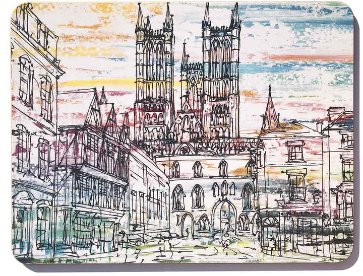 Rectangular melamine chopping board with artwork of Lincoln Cathedral and Castle Square by artist Hannah van Bergen