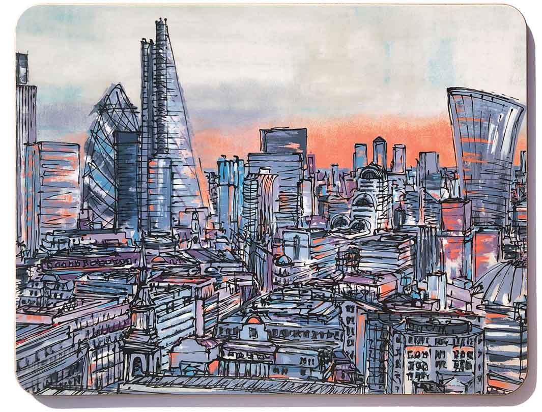 Rectangular melamine chopping board with artwork of The City of London rooftops and skyscrapers by artist Hannah van Bergen