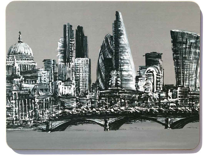 Black and white London chopping board showing St Paul's Cathedral, the Gherkin, Cheesegrater and Walkie Talkie by artist Hannah van Bergen